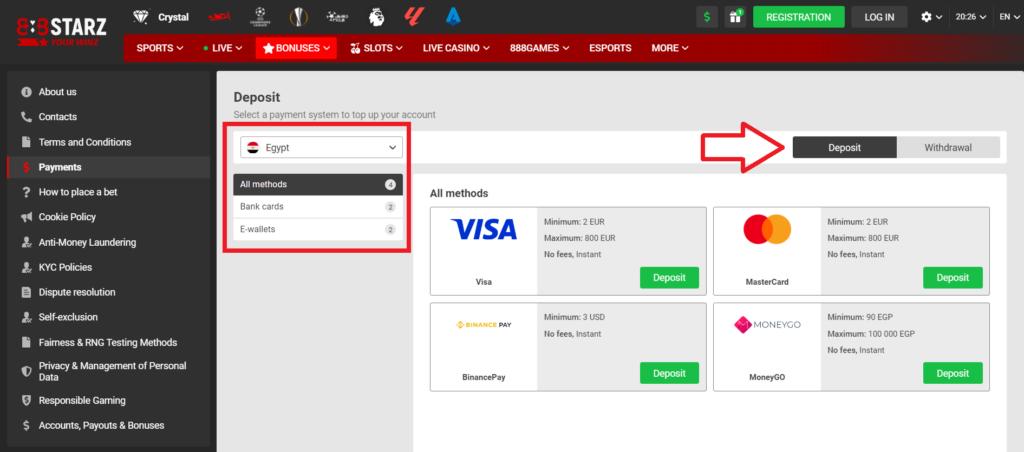 Deposit and withdrawal methods at 888starz