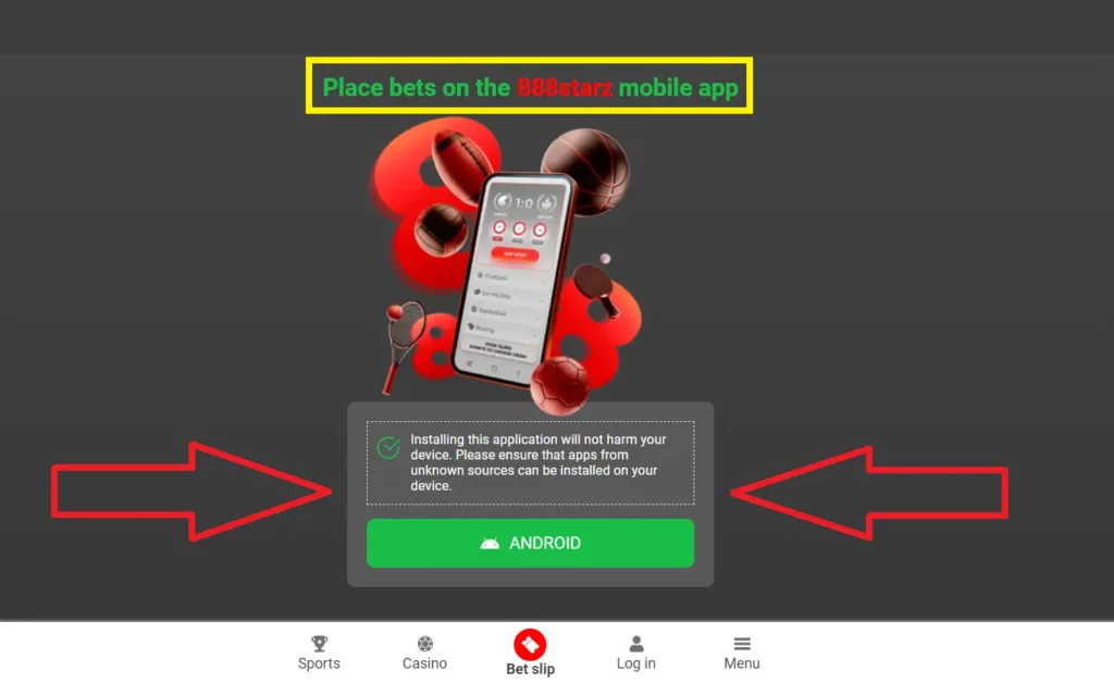Interface and features of Android app from 888starz Egypt